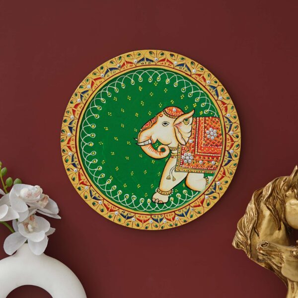 Hand-Painted Pichwai Wall Plate - Traditional Elephant Motif